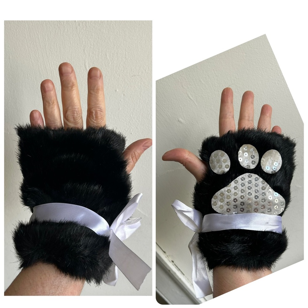 Furry Black Paw Kitty Cat Mitts Gloves with Silver Sequin Details